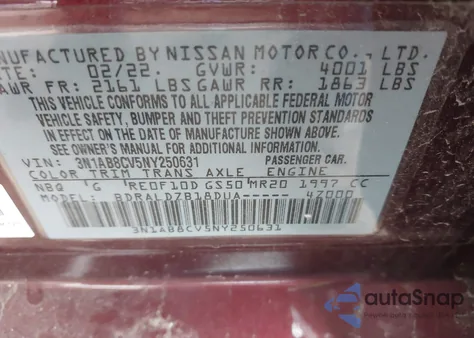 2022 Nissan Sentra Sv Xtronic Cvt z USA, uszkodzony, nr VIN 3N1AB8CV5NY250631